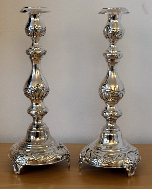 IMG_8621 Pair of tall silver Shabbat candlesticks London 1916 Morris Salkind