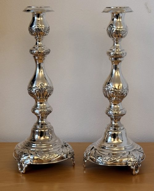 IMG_8622 Pair of tall silver Shabbat candlesticks London 1916 Morris Salkind