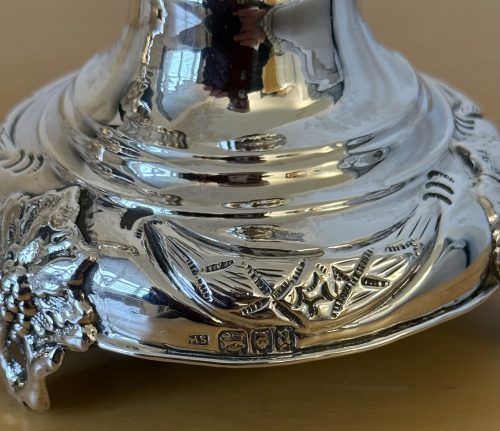 IMG_8625 Pair of tall silver Shabbat candlesticks London 1916 Morris Salkind