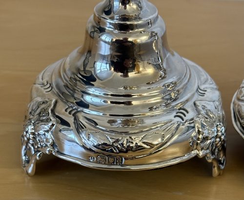 IMG_8626 Pair of tall silver Shabbat candlesticks London 1916 Morris Salkind