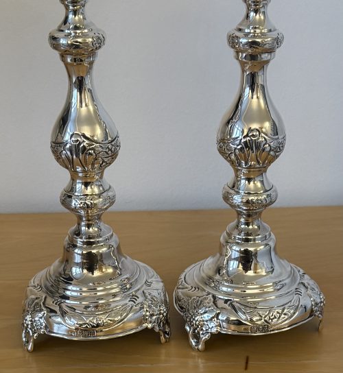 IMG_8627 Pair of tall silver Shabbat candlesticks London 1916 Morris Salkind