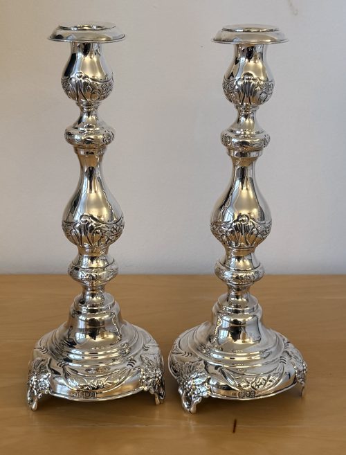 IMG_8628 Pair of tall silver Shabbat candlesticks London 1916 Morris Salkind