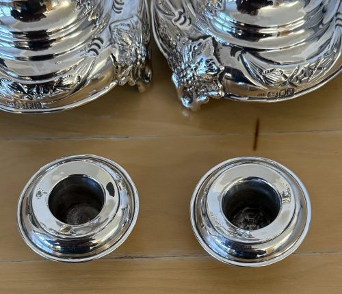 IMG_8629 Pair of tall silver Shabbat candlesticks London 1916 Morris Salkind