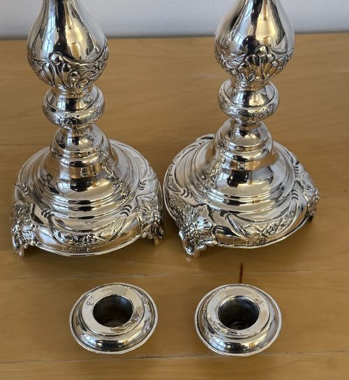 IMG_8630 Pair of tall silver Shabbat candlesticks London 1916 Morris Salkind