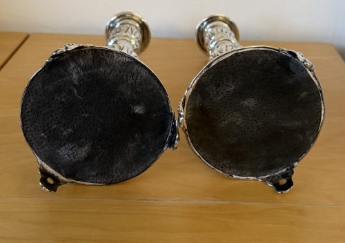 IMG_8631 Pair of tall silver Shabbat candlesticks London 1916 Morris Salkind