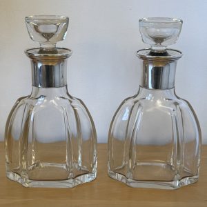 Fabulous pair of French Art Deco silver necked crystal decanters c-1910
