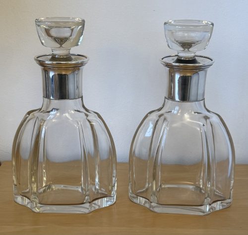 Fabulous pair of French Art Deco silver necked crystal decanters c-1910