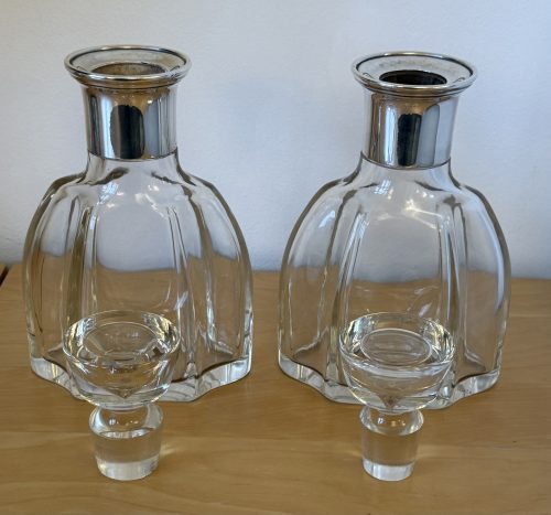 Fabulous pair of French Art Deco silver necked crystal decanters c-1910